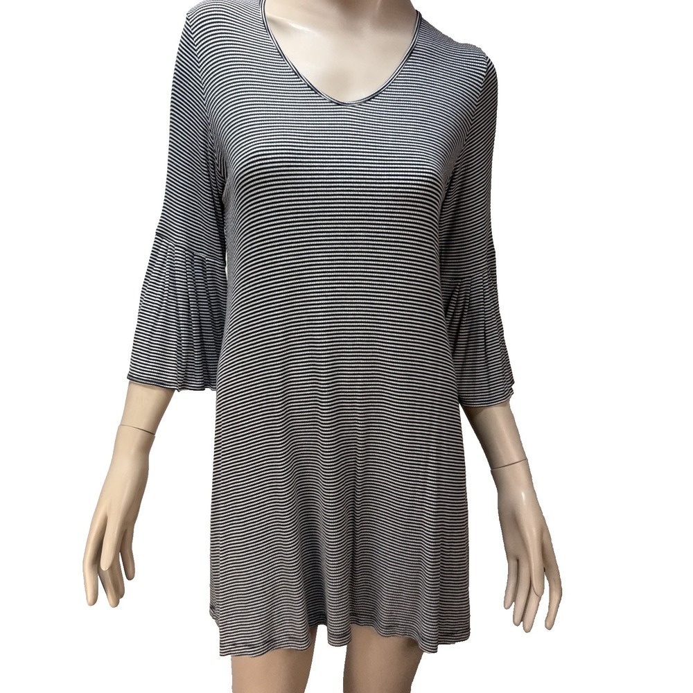 Comfy USA Bell Sleeve Tunic Mini Dress Size M Black Whiteβ Stripe Ribbed Knit